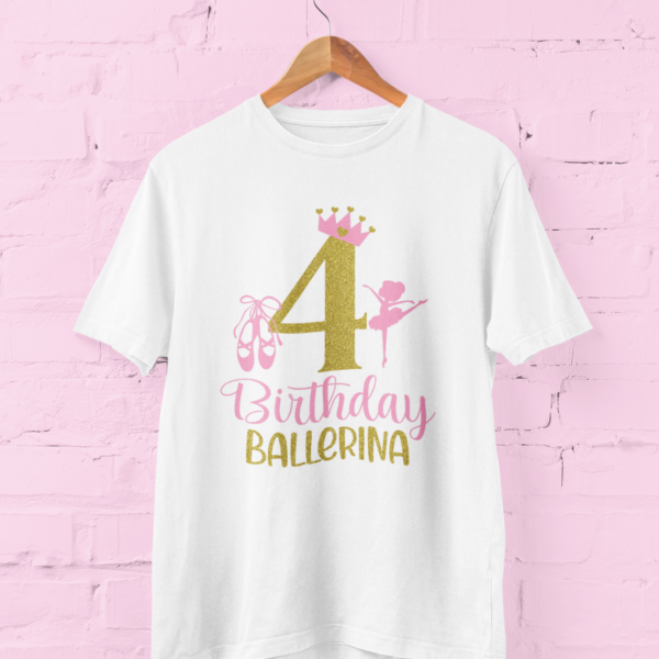 Tricou aniversar pentru fetițe balerine cu design alb