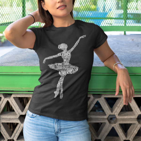 Tricou pentru balerine cu siluetă realizată din termeni de balet precum plié, jeté și pirouette. negru